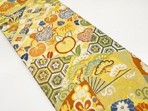 アンティーク　切り嵌め風橘に花扇・七宝模様織出し丸帯（材料）